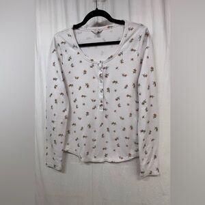 Lucky Brand Thermal Waffle Knit Top Size Medium Floral Ditzy White Pink